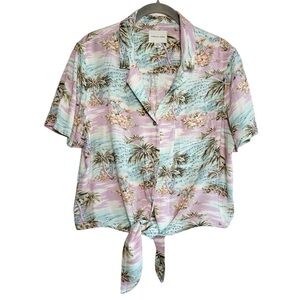 American Eagle Cropped Hawaiian Shirt Purple Blue Tie Front Medium Beach Vacay